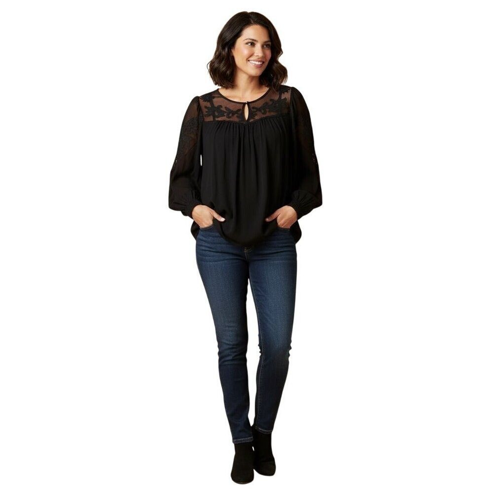 J. Jill NWT Black Lace Detail Pullover Top Balloon Lace Detail Sleeve Size M